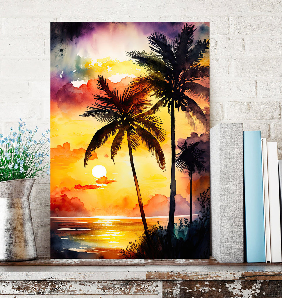 Palm Tree Sunset Art Print Watercolor Coastal Wall Art Nature Inspired Gift Tropical Beach House Home Decor