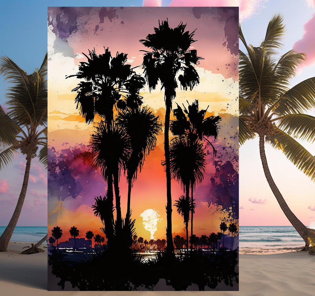 Palm Tree Sunset Art Print Watercolor Coastal Wall Art Nature Inspired Gift Tropical Beach House Home Decor