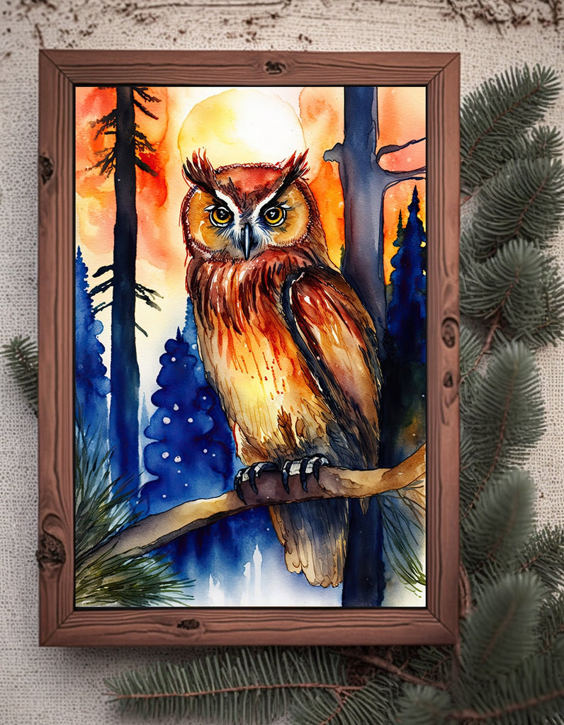 Watercolor Owl Painting Print Forest Wall Art Nature Bird Wildlife Gift Wild Animal Painting Woodland Nursery Home Decor