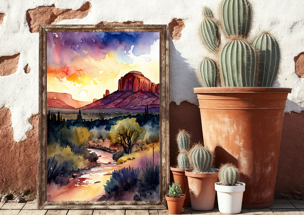 Watercolor Sedona Arizona Sunset Art Print Southwest Wall Art Landscape Gift Desert Home Western Decor