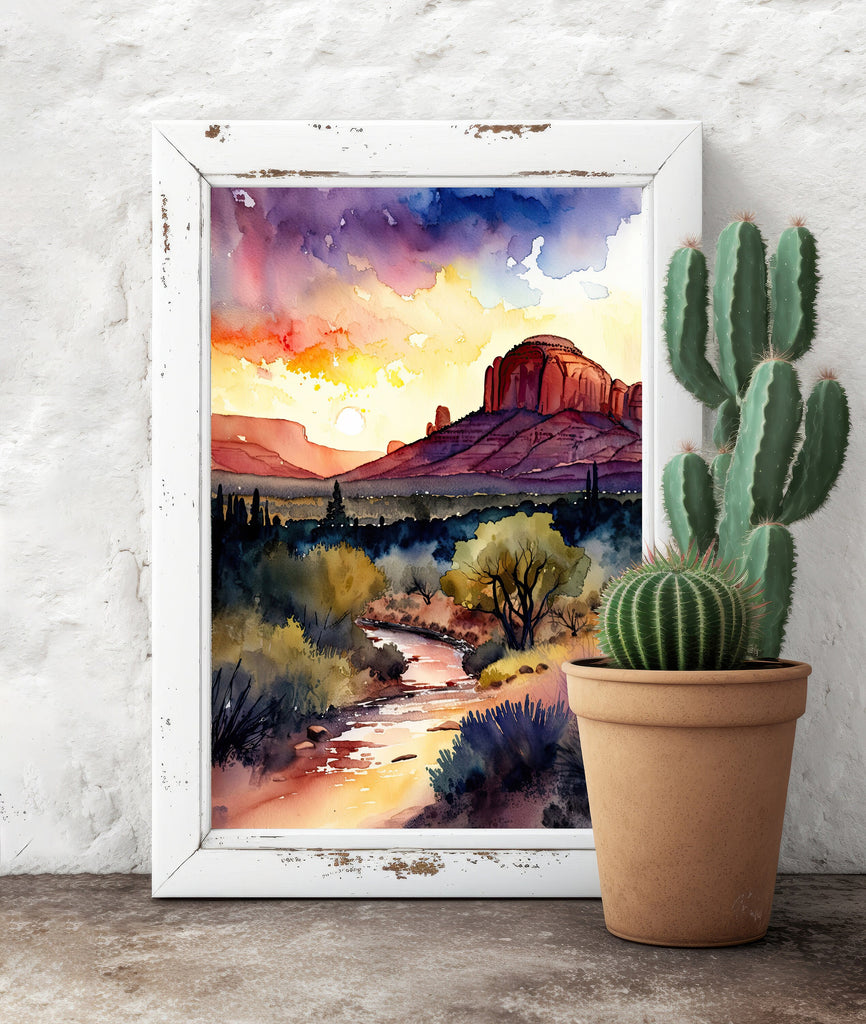 Watercolor Sedona Arizona Sunset Art Print Southwest Wall Art Landscape Gift Desert Home Western Decor