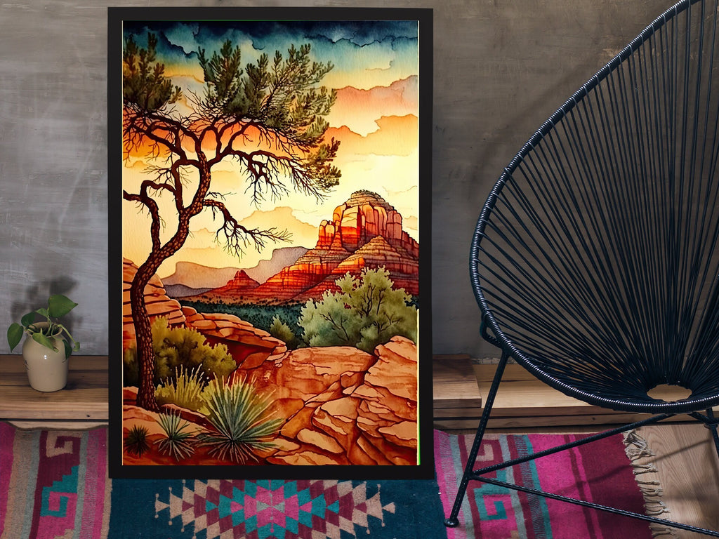 Watercolor Sedona Arizona Sunset Art Print Southwest Wall Art Landscape Gift Desert Home Western Decor