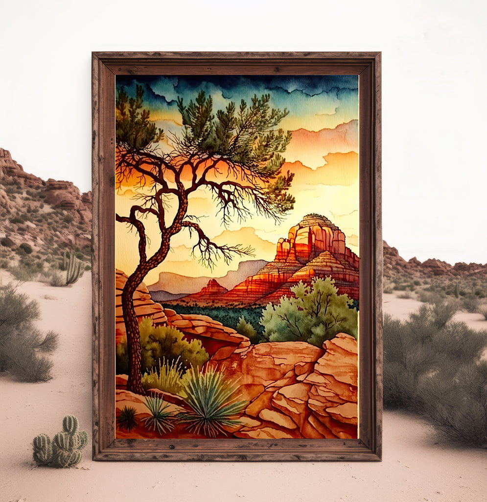 Watercolor Sedona Arizona Sunset Art Print Southwest Wall Art Landscape Gift Desert Home Western Decor