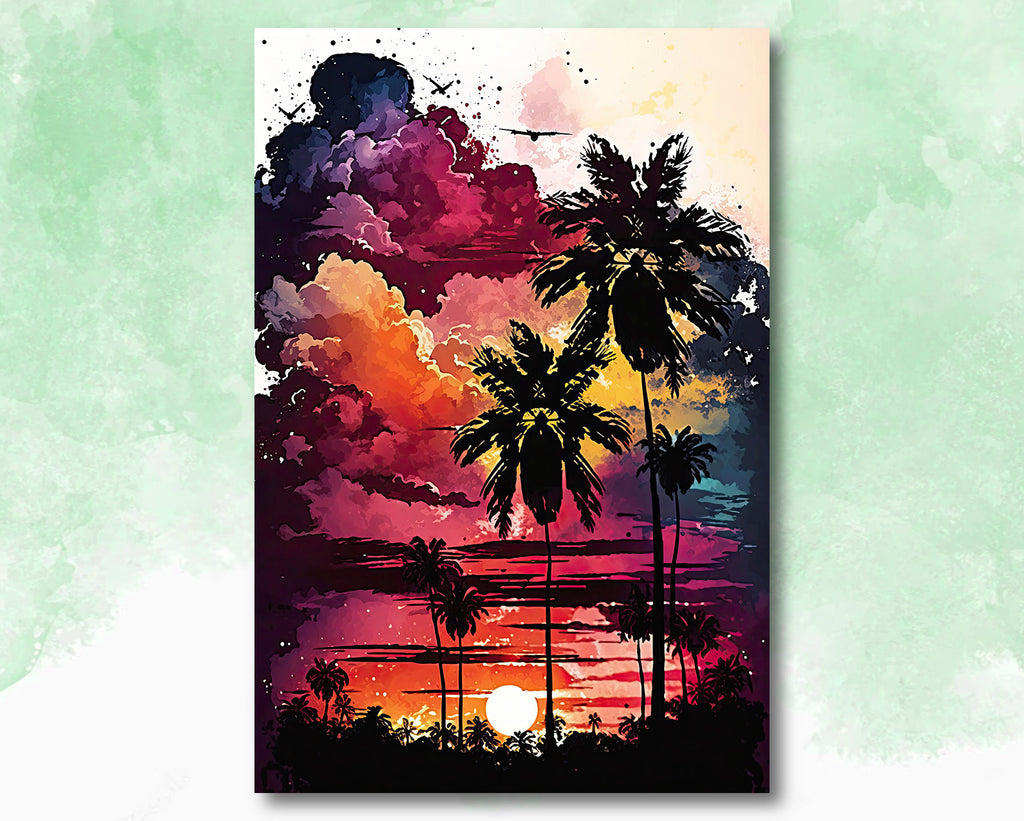 Palm Tree Sunset Art Print Watercolor Coastal Wall Art Nature Inspired Gift Tropical Beach House Home Decor