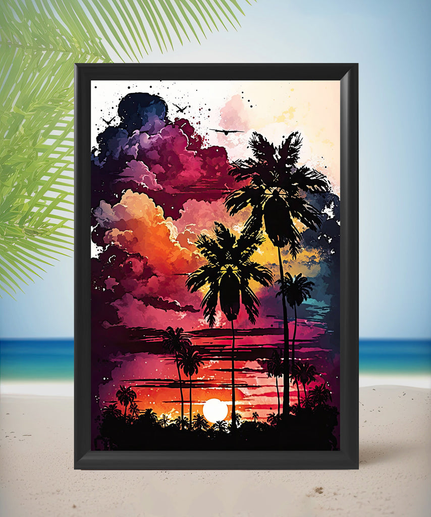 Palm Tree Sunset Art Print Watercolor Coastal Wall Art Nature Inspired Gift Tropical Beach House Home Decor