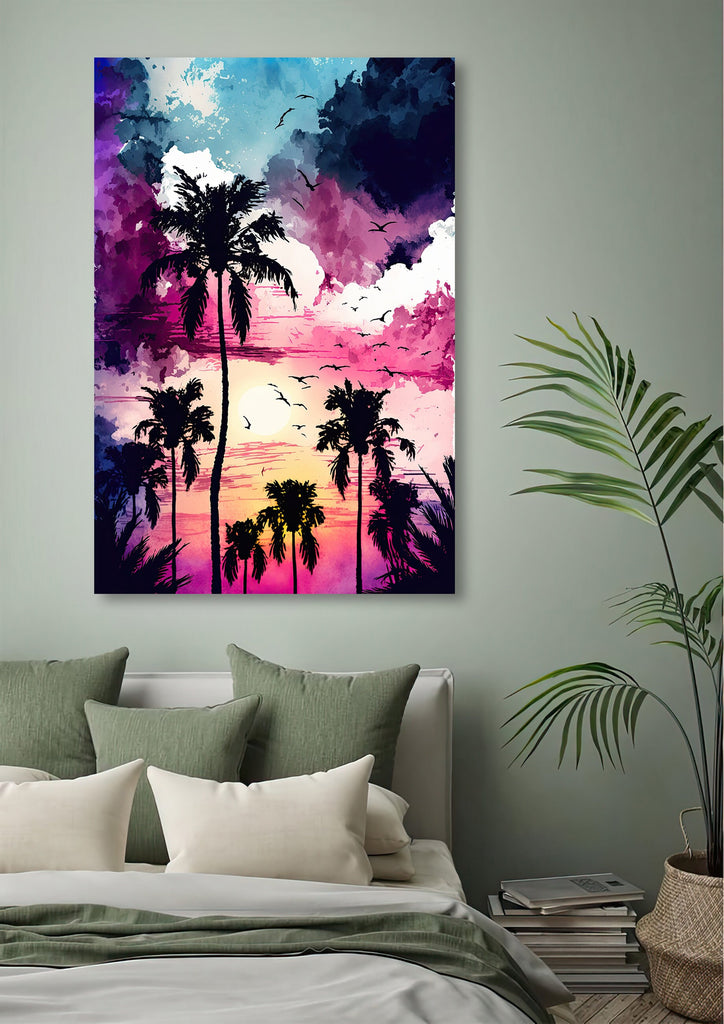 Palm Tree Sunset Art Print Watercolor Coastal Wall Art Nature Inspired Gift Tropical Beach House Home Decor