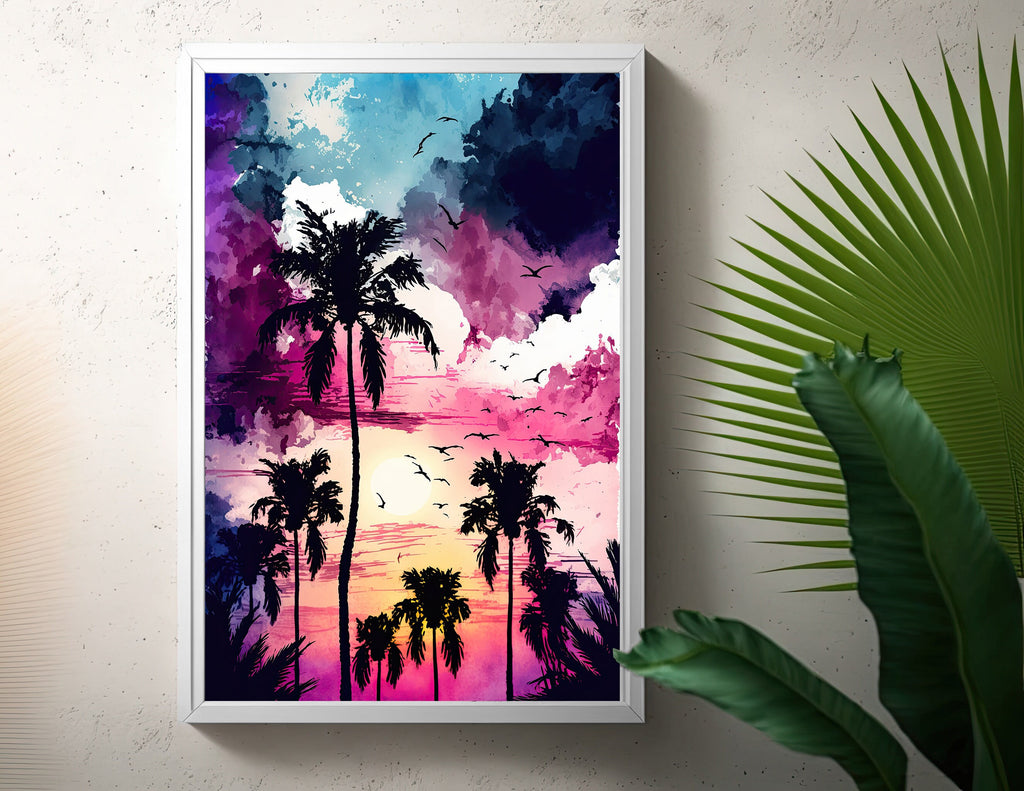 Palm Tree Sunset Art Print Watercolor Coastal Wall Art Nature Inspired Gift Tropical Beach House Home Decor