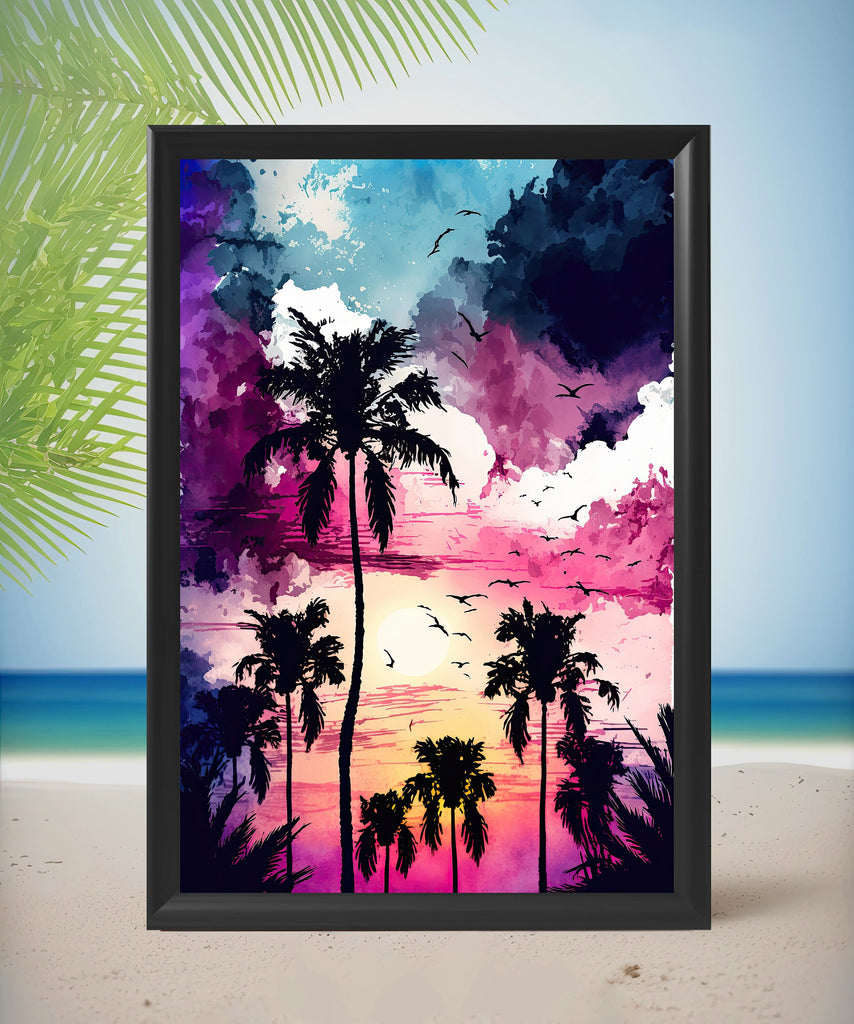 Palm Tree Sunset Art Print Watercolor Coastal Wall Art Nature Inspired Gift Tropical Beach House Home Decor