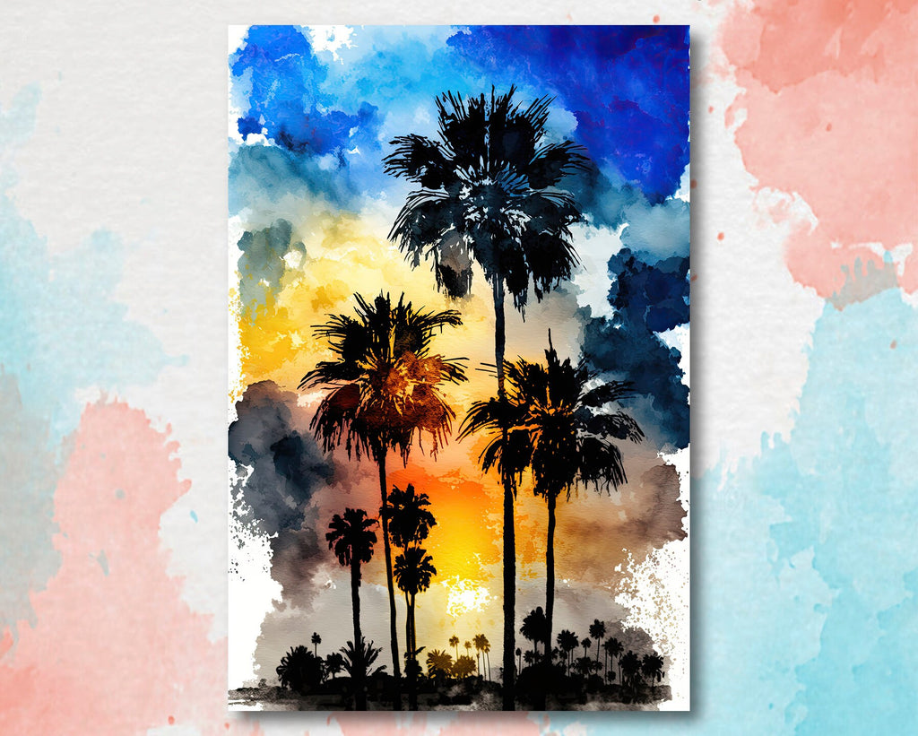 Palm Tree Sunset Art Print Watercolor Coastal Wall Art Nature Inspired Gift Tropical Beach House Home Decor