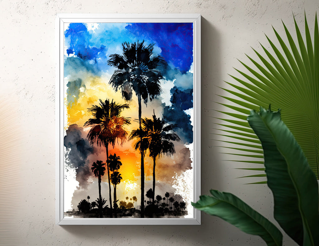 Palm Tree Sunset Art Print Watercolor Coastal Wall Art Nature Inspired Gift Tropical Beach House Home Decor