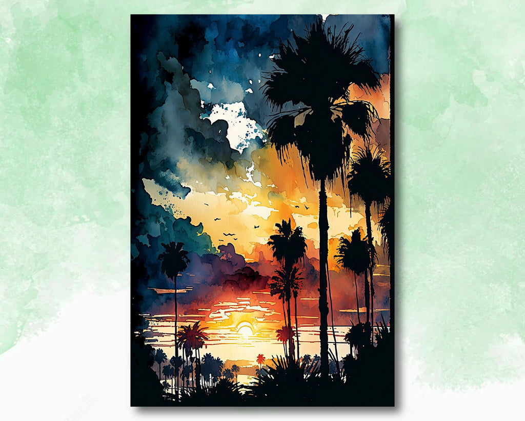 Palm Tree Sunset Art Print Watercolor Coastal Wall Art Nature Inspired Gift Tropical Beach House Home Decor