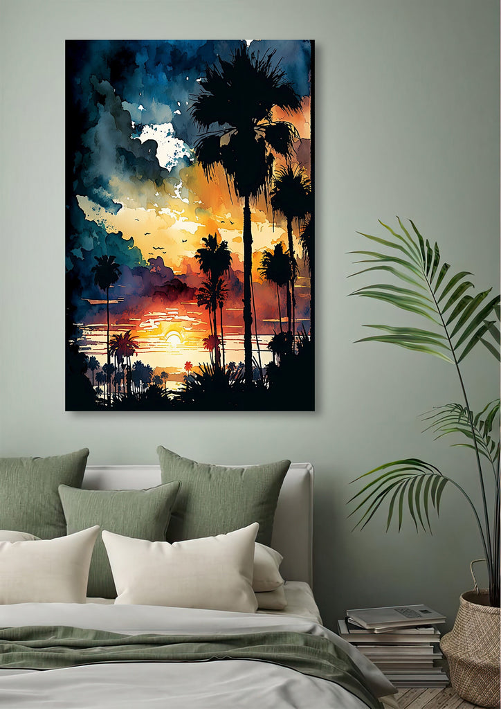 Palm Tree Sunset Art Print Watercolor Coastal Wall Art Nature Inspired Gift Tropical Beach House Home Decor