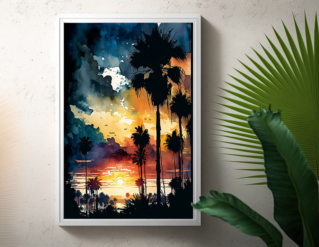 Palm Tree Sunset Art Print Watercolor Coastal Wall Art Nature Inspired Gift Tropical Beach House Home Decor