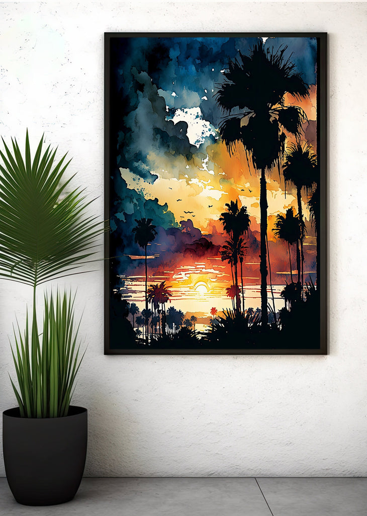 Palm Tree Sunset Art Print Watercolor Coastal Wall Art Nature Inspired Gift Tropical Beach House Home Decor