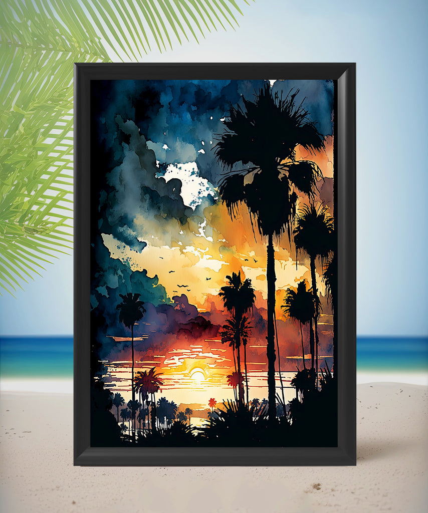 Palm Tree Sunset Art Print Watercolor Coastal Wall Art Nature Inspired Gift Tropical Beach House Home Decor