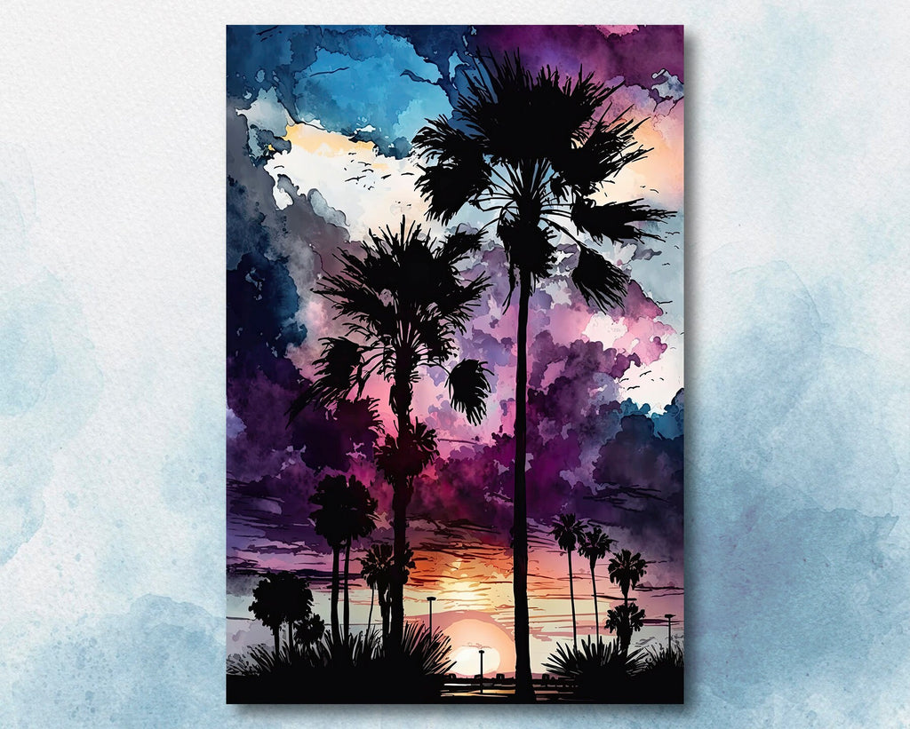 Palm Tree Sunset Art Print Watercolor Coastal Wall Art Nature Inspired Gift Tropical Beach House Home Decor