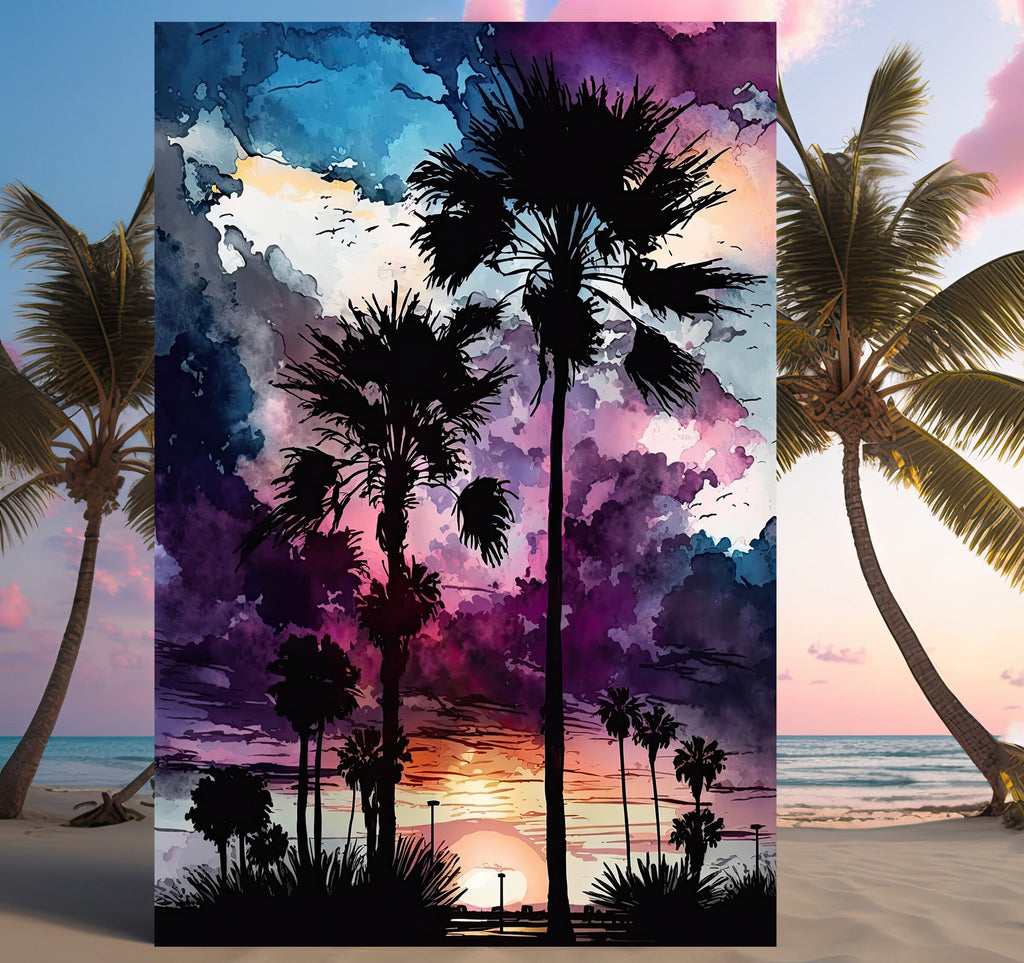 Palm Tree Sunset Art Print Watercolor Coastal Wall Art Nature Inspired Gift Tropical Beach House Home Decor