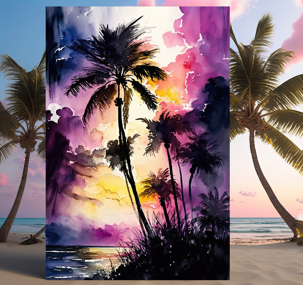 Palm Tree Sunset Art Print Watercolor Coastal Wall Art Nature Inspired Gift Tropical Beach House Home Decor