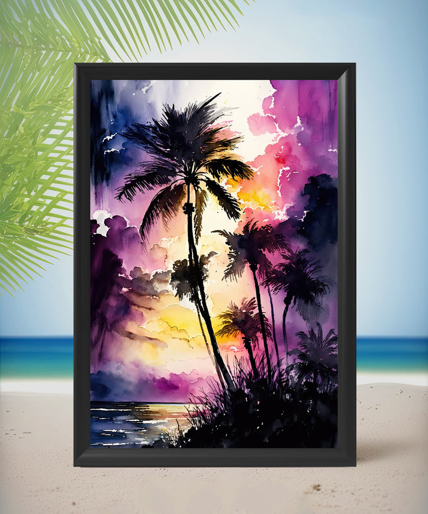 Palm Tree Sunset Art Print Watercolor Coastal Wall Art Nature Inspired Gift Tropical Beach House Home Decor