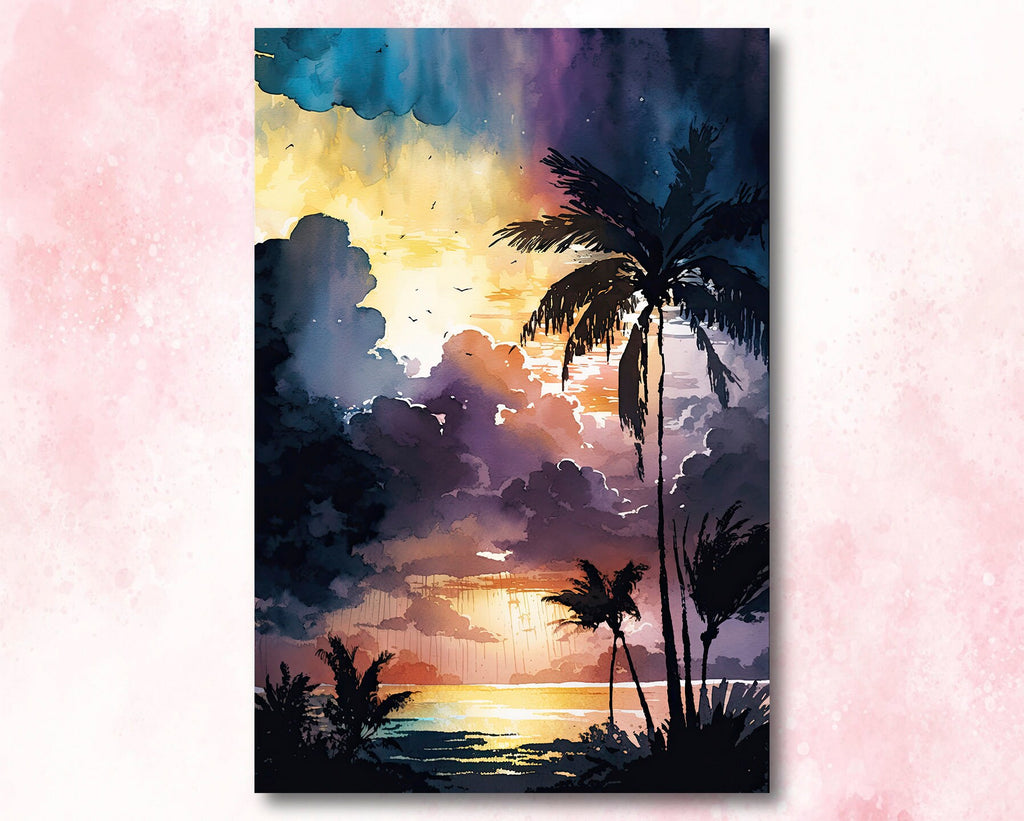 Palm Tree Sunset Art Print Watercolor Coastal Wall Art Nature Inspired Gift Tropical Beach House Home Decor