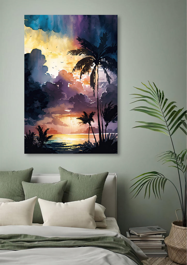 Palm Tree Sunset Art Print Watercolor Coastal Wall Art Nature Inspired Gift Tropical Beach House Home Decor