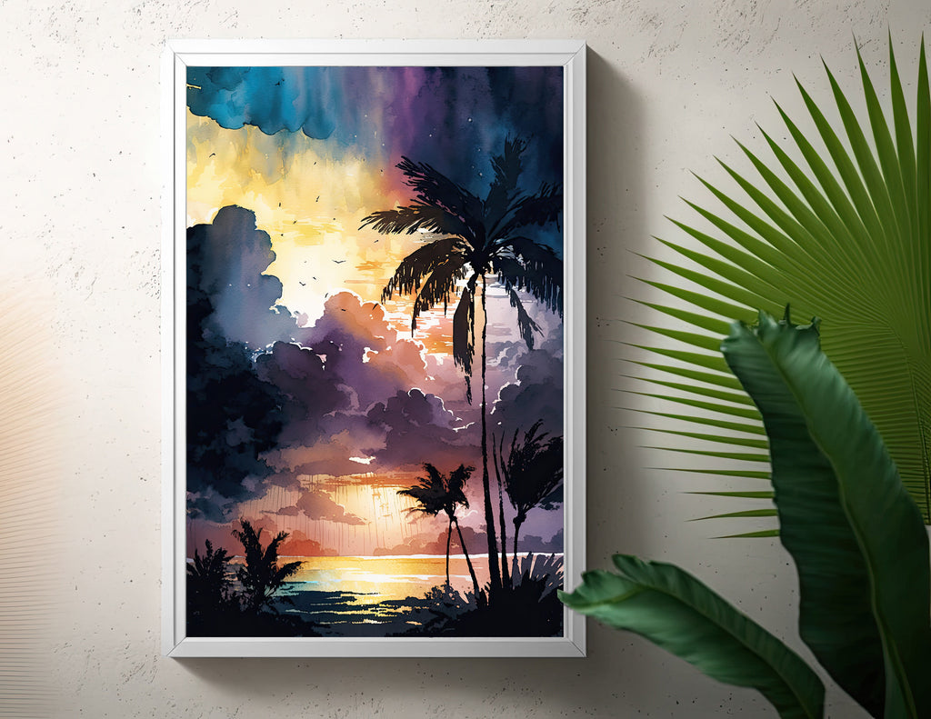 Palm Tree Sunset Art Print Watercolor Coastal Wall Art Nature Inspired Gift Tropical Beach House Home Decor