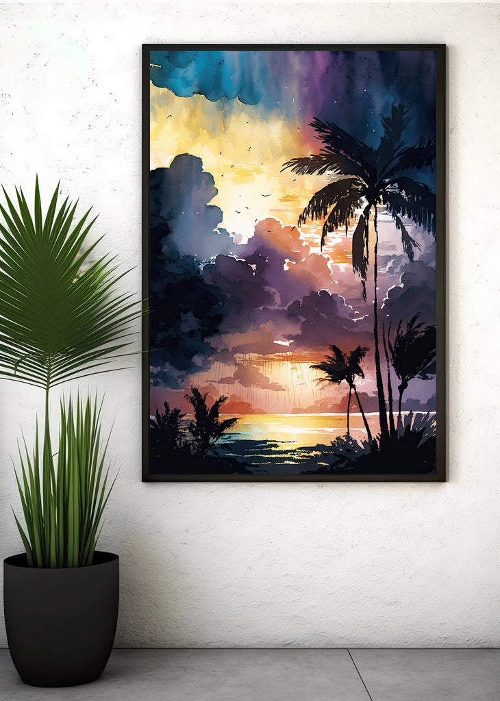 Palm Tree Sunset Art Print Watercolor Coastal Wall Art Nature Inspired Gift Tropical Beach House Home Decor