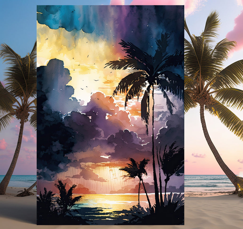 Palm Tree Sunset Art Print Watercolor Coastal Wall Art Nature Inspired Gift Tropical Beach House Home Decor