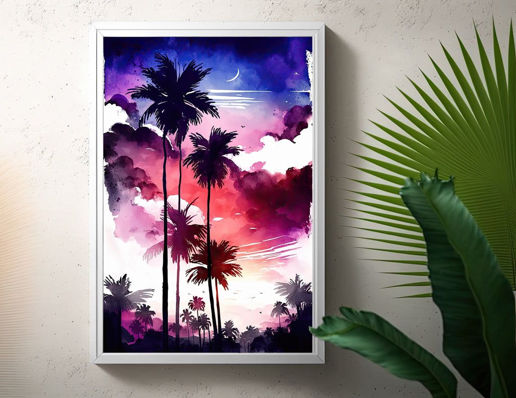 Palm Tree Sunset Art Print Watercolor Coastal Wall Art Nature Inspired Gift Tropical Beach House Home Decor