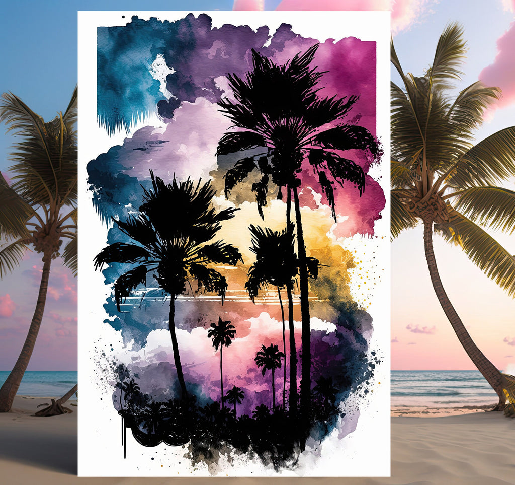 Palm Tree Sunset Art Print Watercolor Coastal Wall Art Nature Inspired Gift Tropical Beach House Home Decor