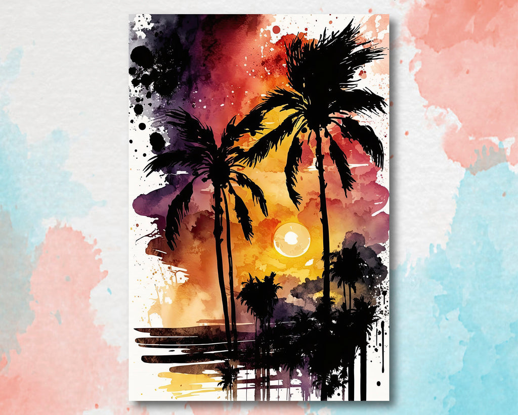 Palm Tree Sunset Art Print Watercolor Coastal Wall Art Nature Inspired Gift Tropical Beach House Home Decor