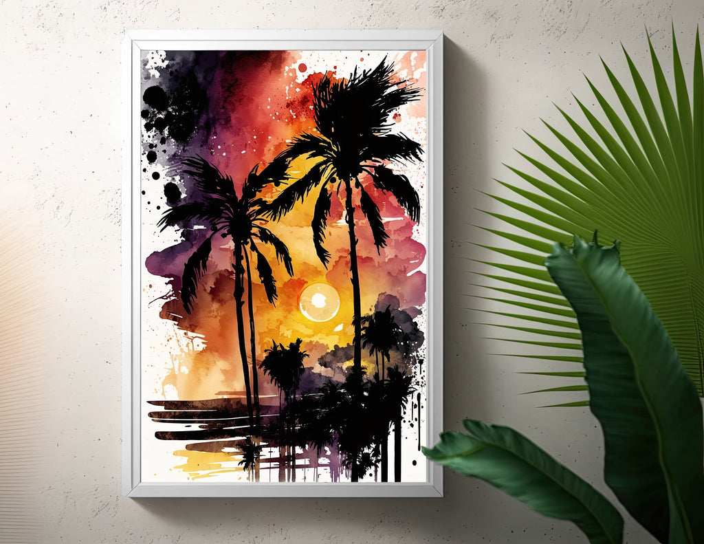 Palm Tree Sunset Art Print Watercolor Coastal Wall Art Nature Inspired Gift Tropical Beach House Home Decor