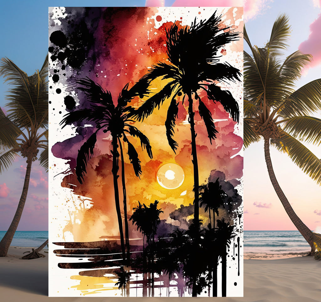 Palm Tree Sunset Art Print Watercolor Coastal Wall Art Nature Inspired Gift Tropical Beach House Home Decor