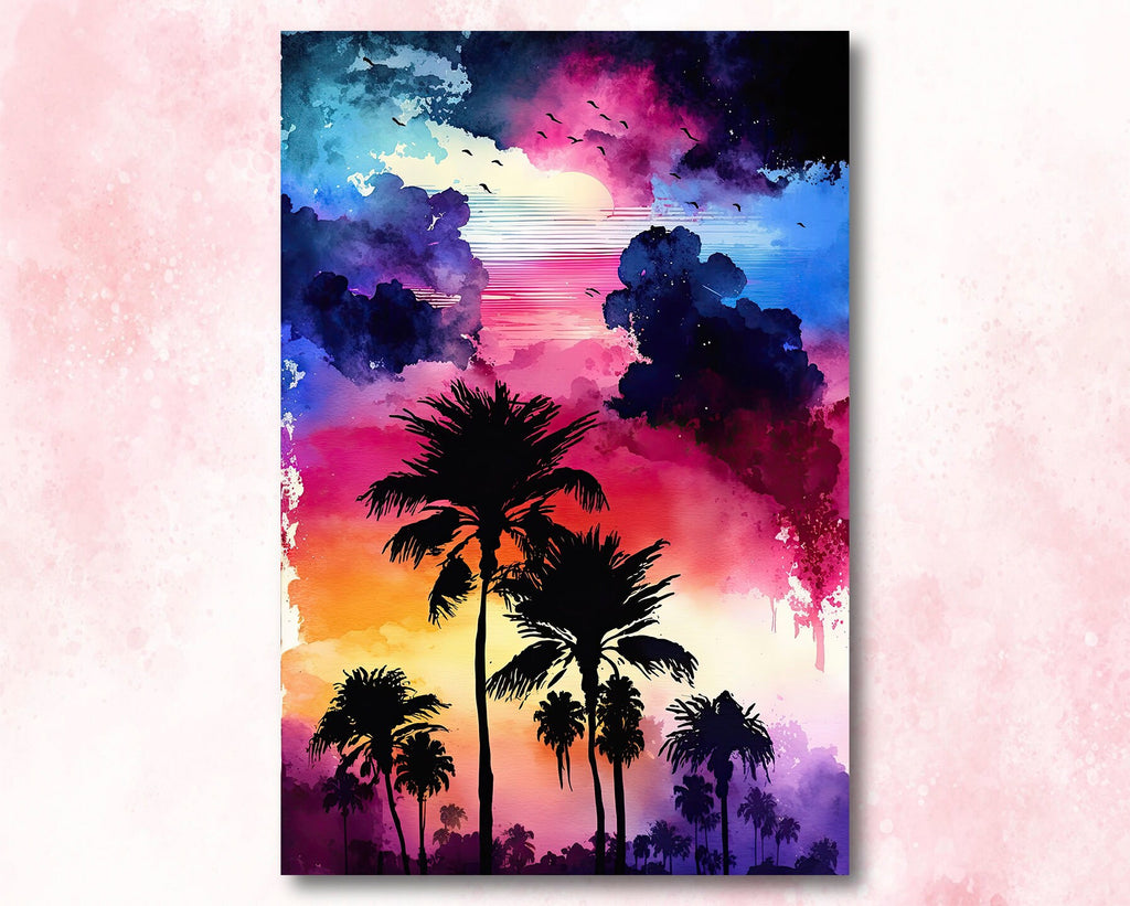 Palm Tree Sunset Art Print Watercolor Coastal Wall Art Nature Inspired Gift Tropical Beach House Home Decor