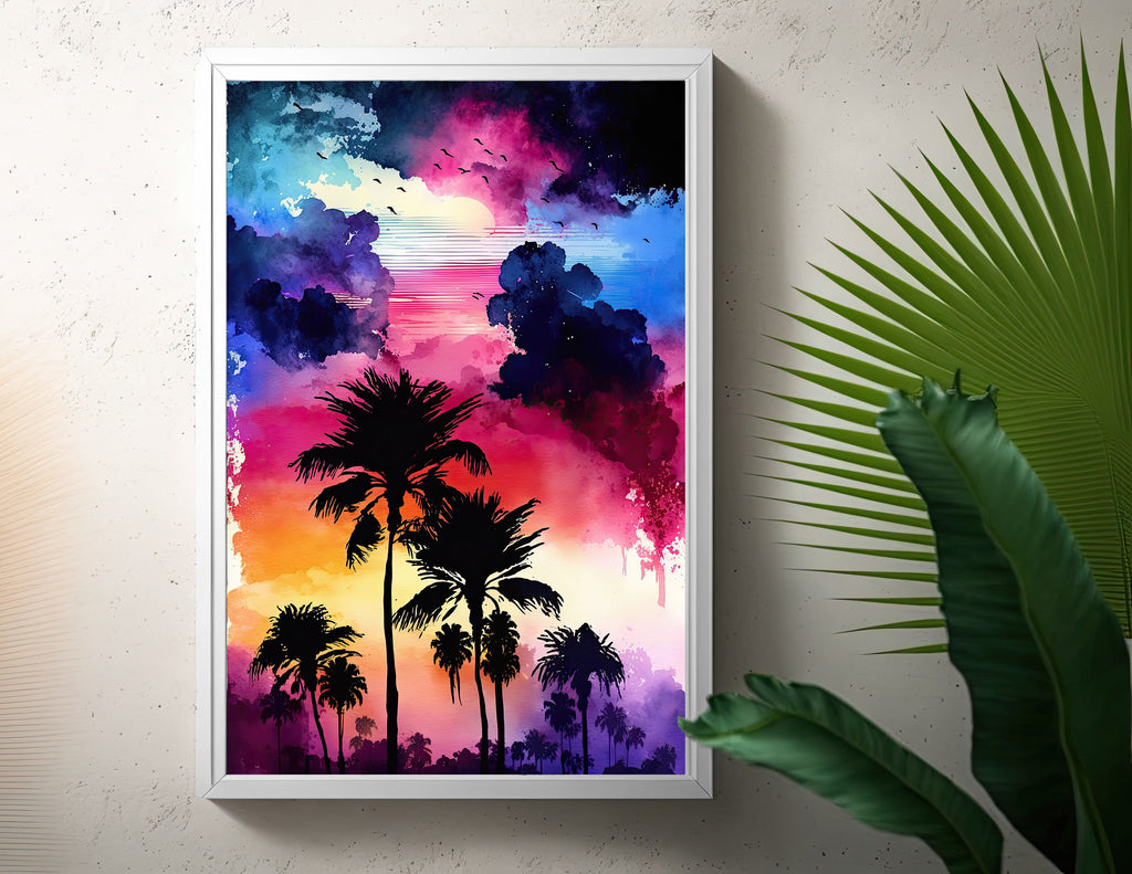 Palm Tree Sunset Art Print Watercolor Coastal Wall Art Nature Inspired Gift Tropical Beach House Home Decor