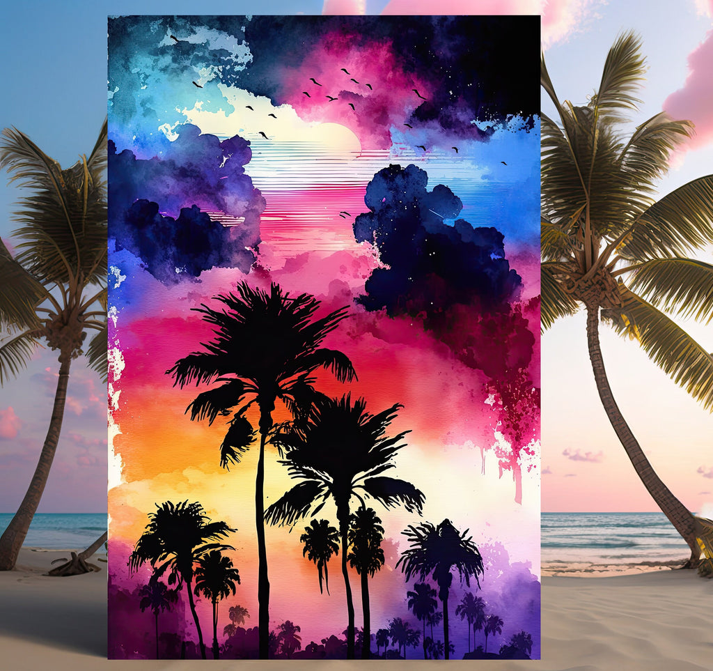 Palm Tree Sunset Art Print Watercolor Coastal Wall Art Nature Inspired Gift Tropical Beach House Home Decor