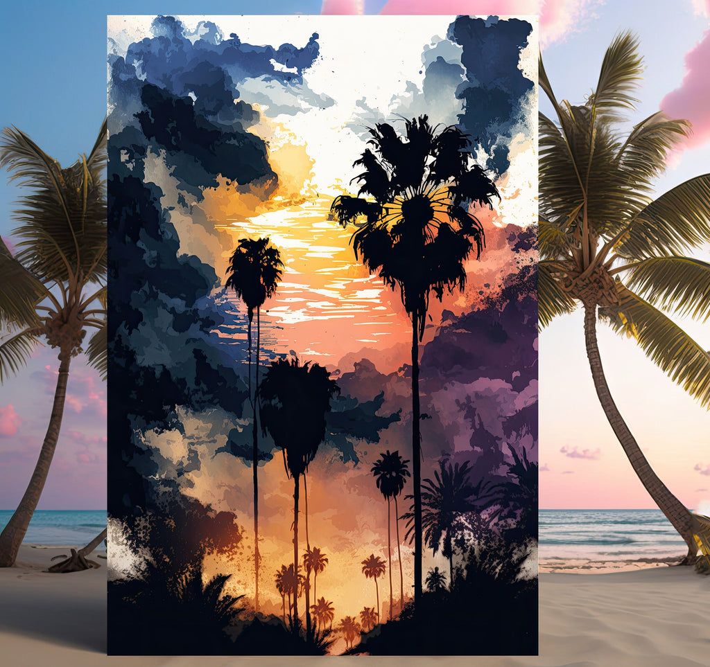 Palm Tree Sunset Art Print Watercolor Coastal Wall Art Nature Inspired Gift Tropical Beach House Home Decor