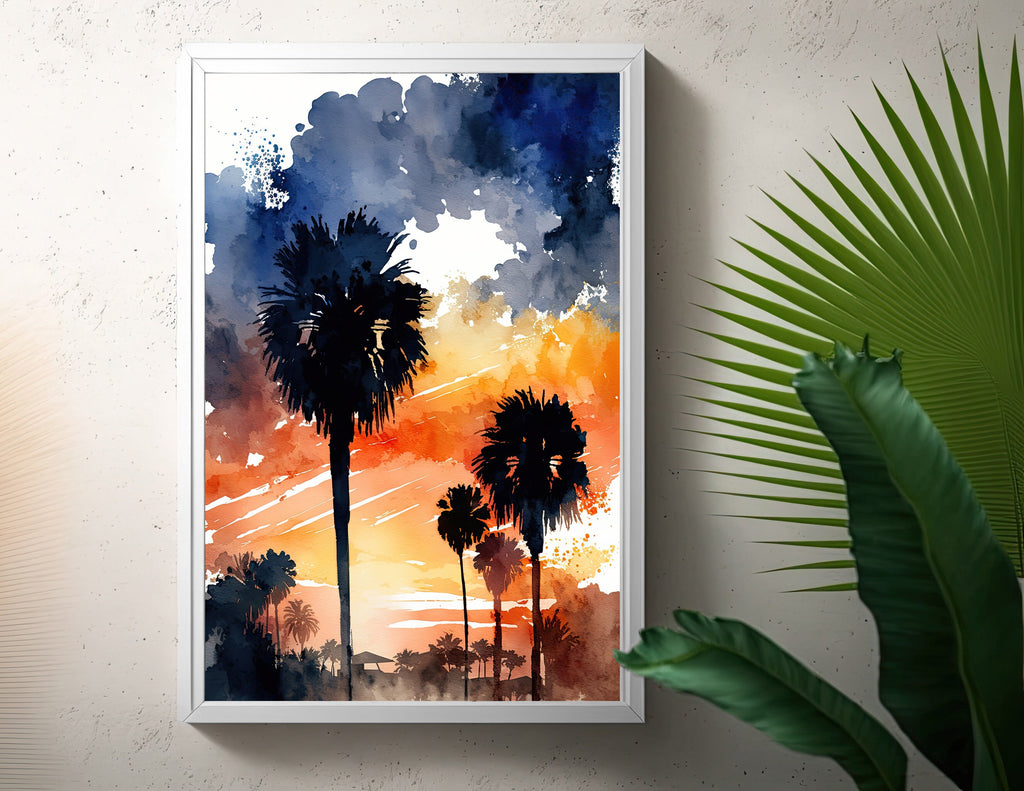 Palm Tree Sunset Art Print Watercolor Coastal Wall Art Nature Inspired Gift Tropical Beach House Home Decor