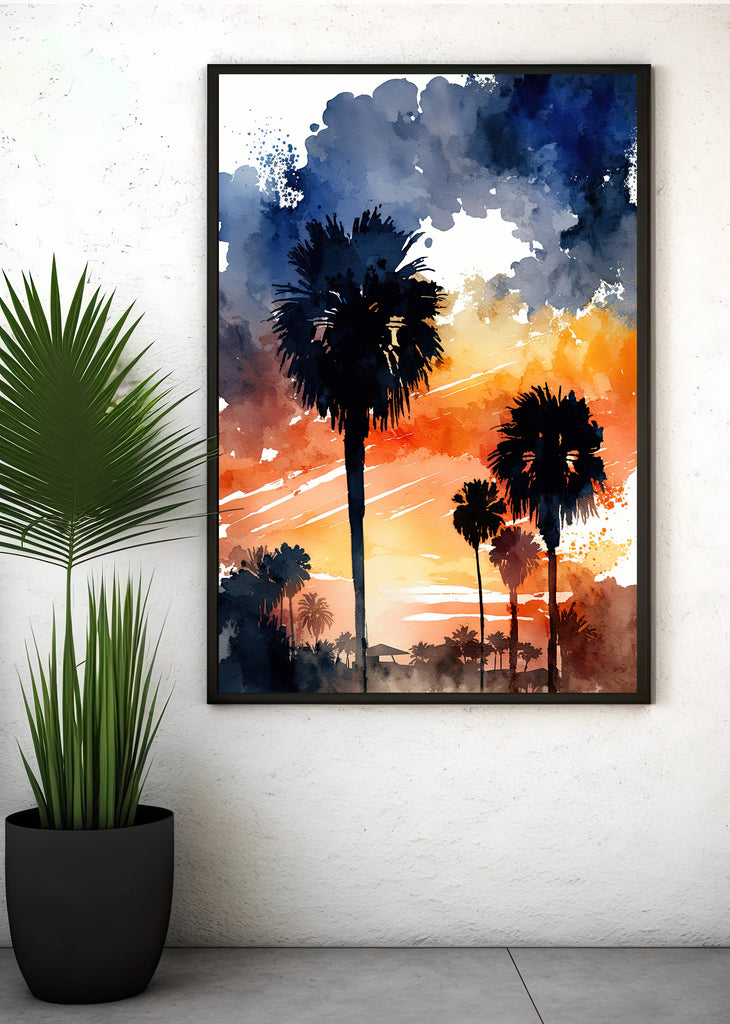 Palm Tree Sunset Art Print Watercolor Coastal Wall Art Nature Inspired Gift Tropical Beach House Home Decor