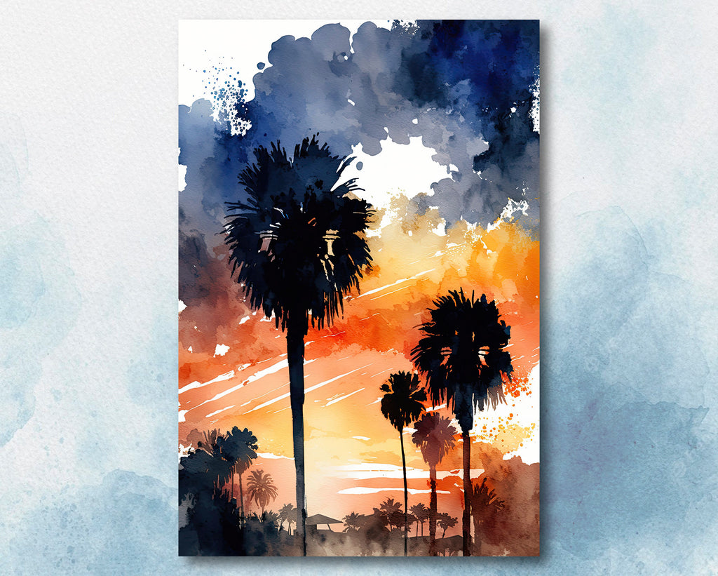 Palm Tree Sunset Art Print Watercolor Coastal Wall Art Nature Inspired Gift Tropical Beach House Home Decor