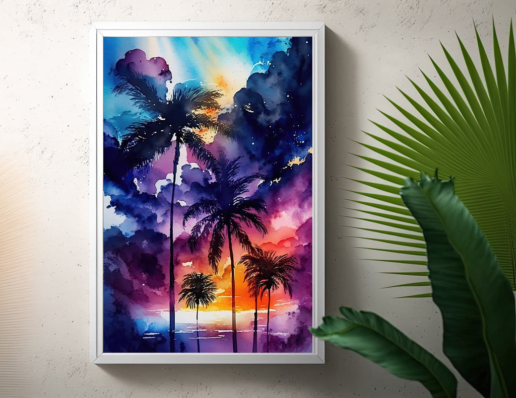 Palm Tree Sunset Art Print Watercolor Coastal Wall Art Nature Inspired Gift Tropical Beach House Home Decor