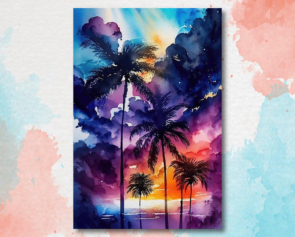 Palm Tree Sunset Art Print Watercolor Coastal Wall Art Nature Inspired Gift Tropical Beach House Home Decor