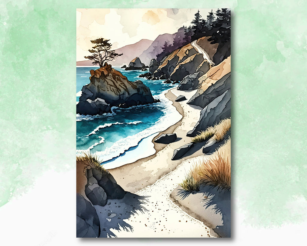 California Big Sur Beach Print Watercolor Ocean Wall Art Tropical Nature Gift Coastal Landscape Home Decor