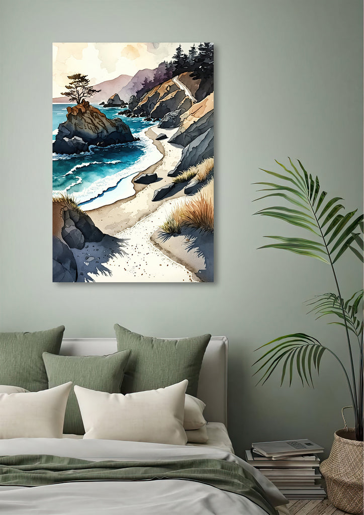 California Big Sur Beach Print Watercolor Ocean Wall Art Tropical Nature Gift Coastal Landscape Home Decor