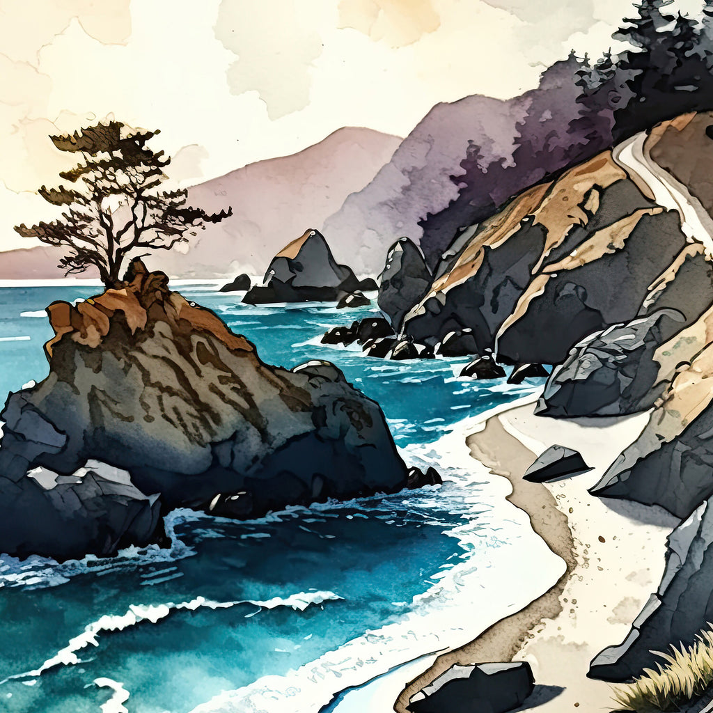 California Big Sur Beach Print Watercolor Ocean Wall Art Tropical Nature Gift Coastal Landscape Home Decor