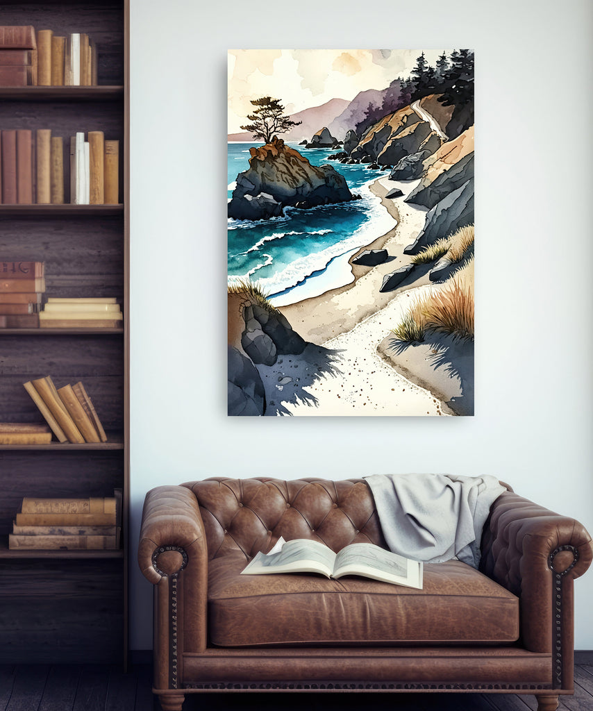 California Big Sur Beach Print Watercolor Ocean Wall Art Tropical Nature Gift Coastal Landscape Home Decor