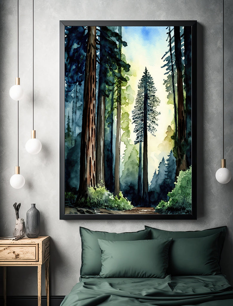 Redwood Tree Forest California Print Sequoia National Park Wall Art Landscape Watercolor Painting Gift Rustic Woodland Home Decor