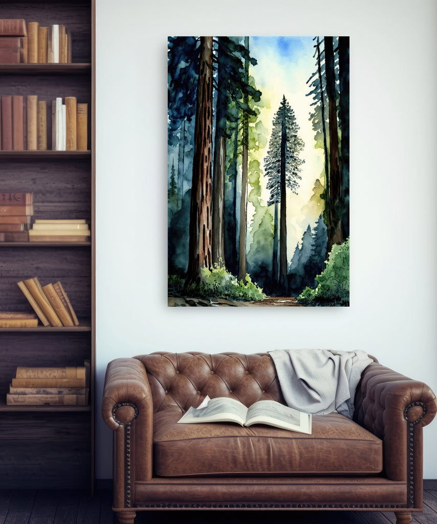 Redwood Tree Forest California Print Sequoia National Park Wall Art Landscape Watercolor Painting Gift Rustic Woodland Home Decor