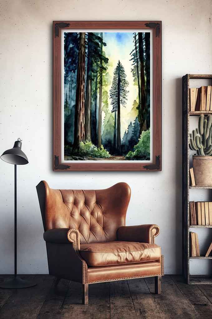 Redwood Tree Forest California Print Sequoia National Park Wall Art Landscape Watercolor Painting Gift Rustic Woodland Home Decor