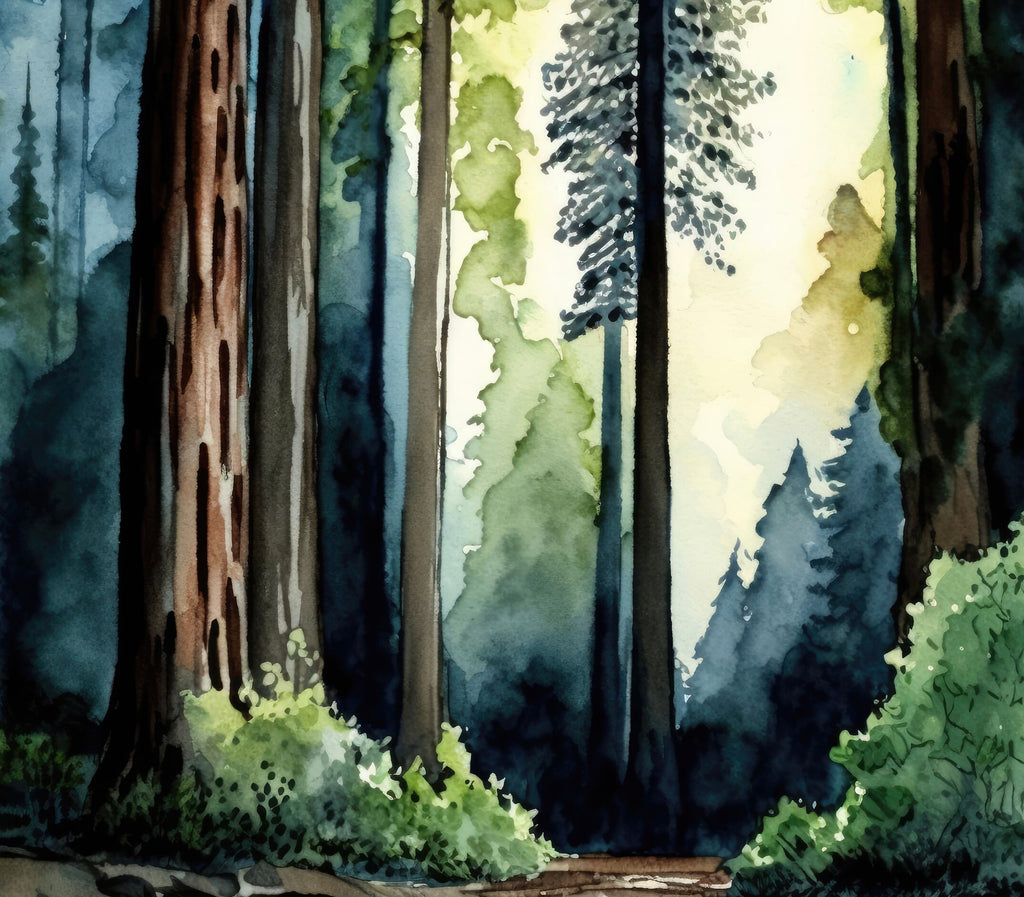 Redwood Tree Forest California Print Sequoia National Park Wall Art Landscape Watercolor Painting Gift Rustic Woodland Home Decor